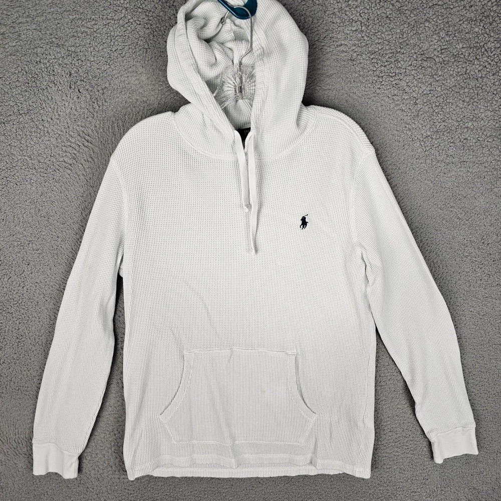 Polo Ralph Lauren Hoodie Mens L White Thermal Waffle Knit Pony Logo Pullover